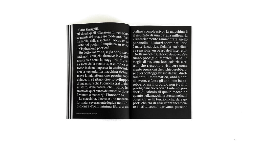 A double page from the book "Rumori metallici, ruote che girano, morsi nel silenzio" with a letter from Giuseppe Ungaretti to Leonardo Sinisgalli
