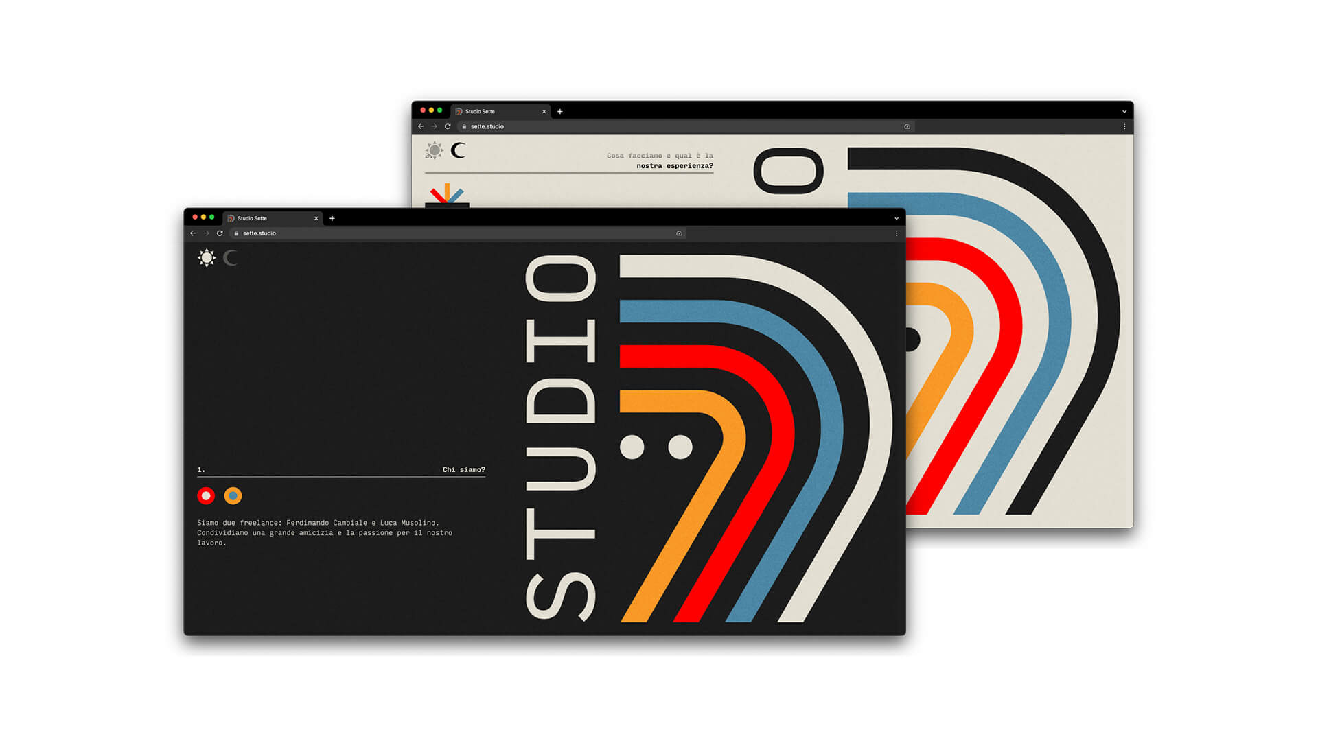 Two screens of the website designed for Studio Sette, in day and night mode