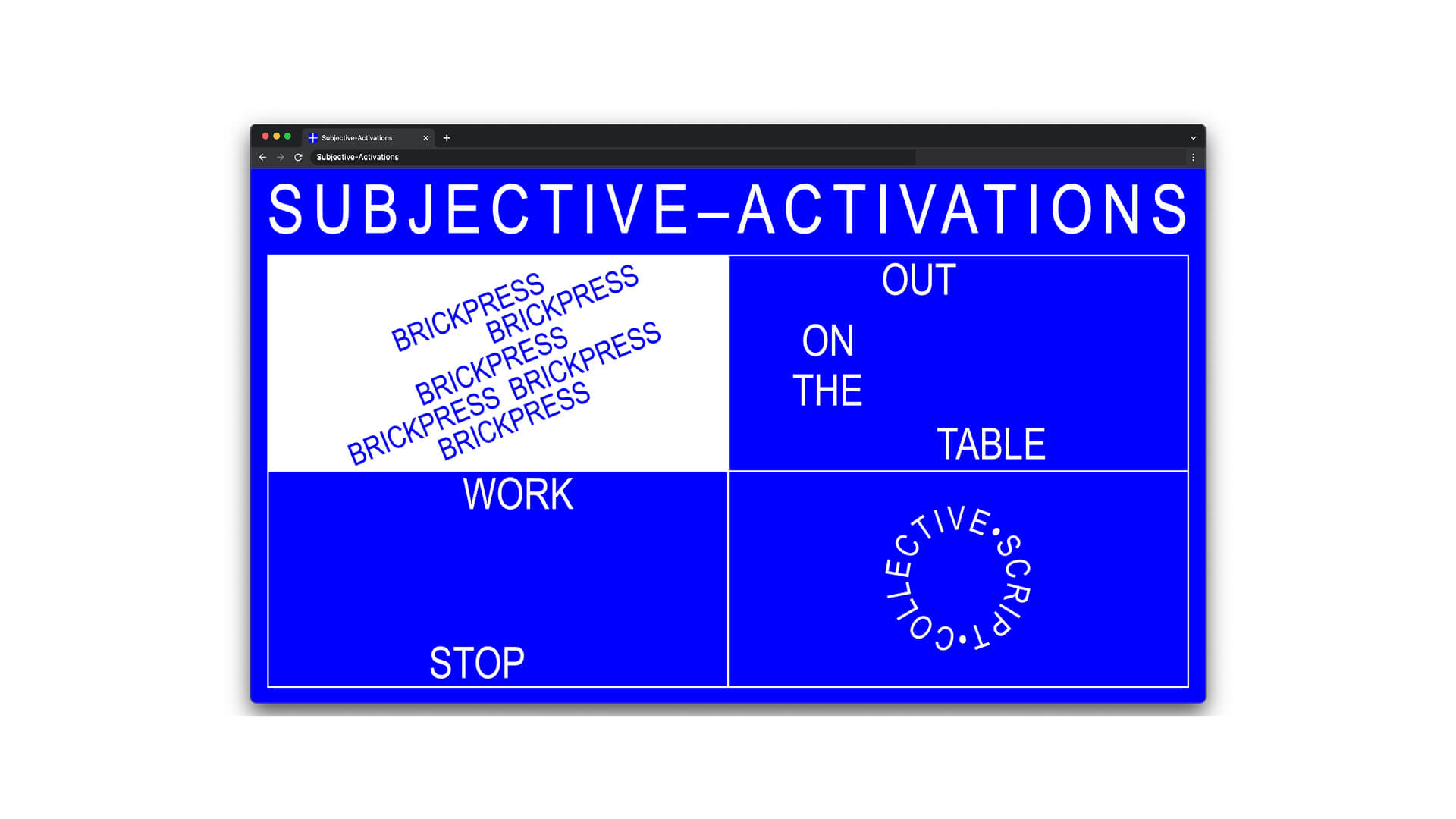 La home del sito Subjective Activation con hover attivo sulla finestra del laboratorio Brickpress