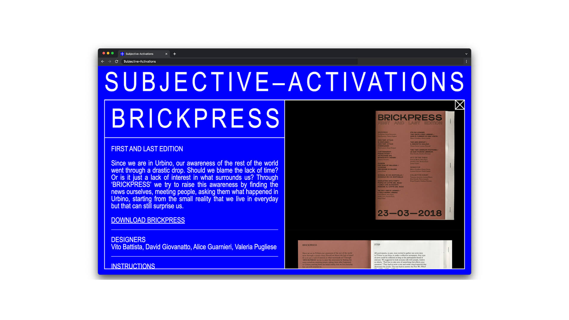 Pagina del sito Subjective Activation realizzata per il laboratorio Brickpress