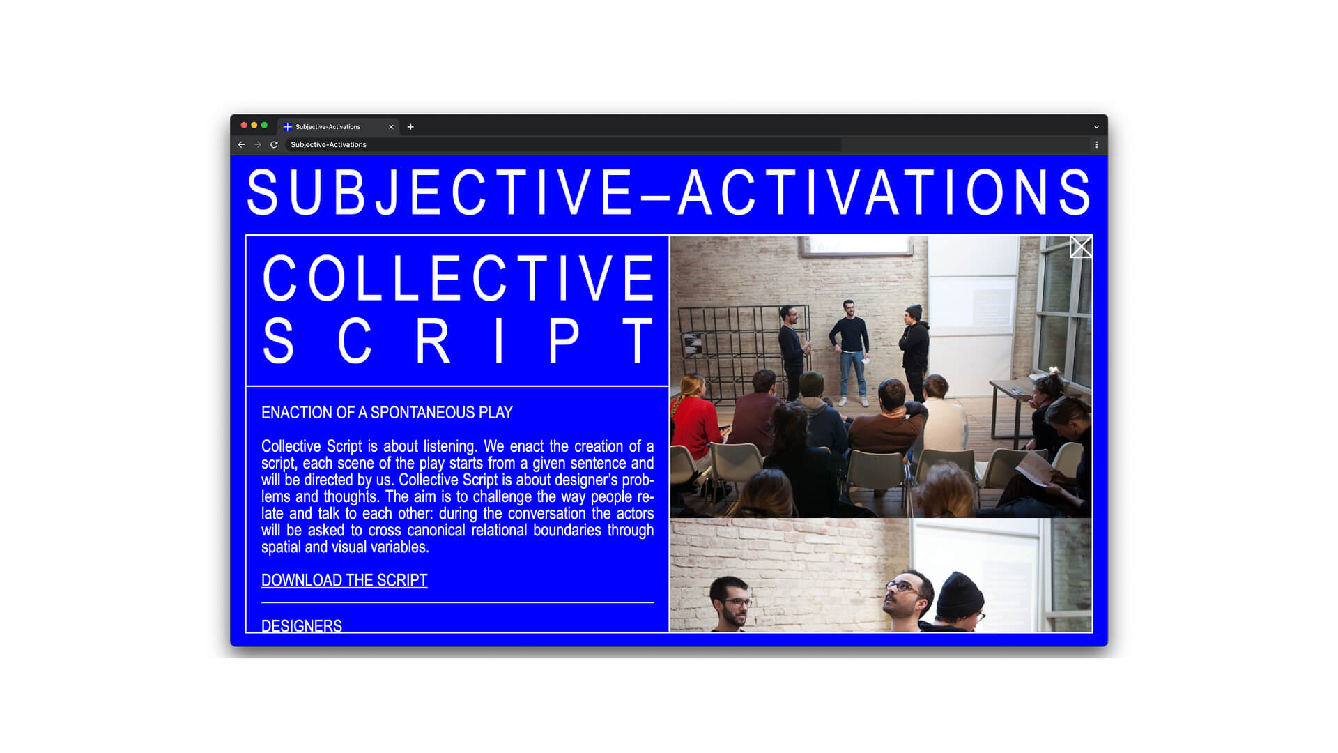 Pagina del sito Subjective Activation realizzata per il laboratorio Collective Script